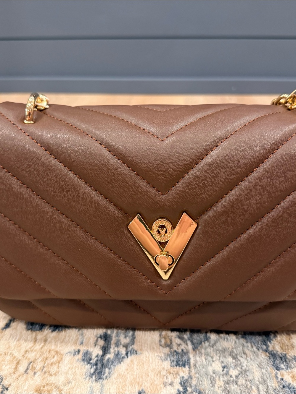 Valentino Orlandi Lux Chevron Quilted Shoulder Bag in Brown with Gold Hardware